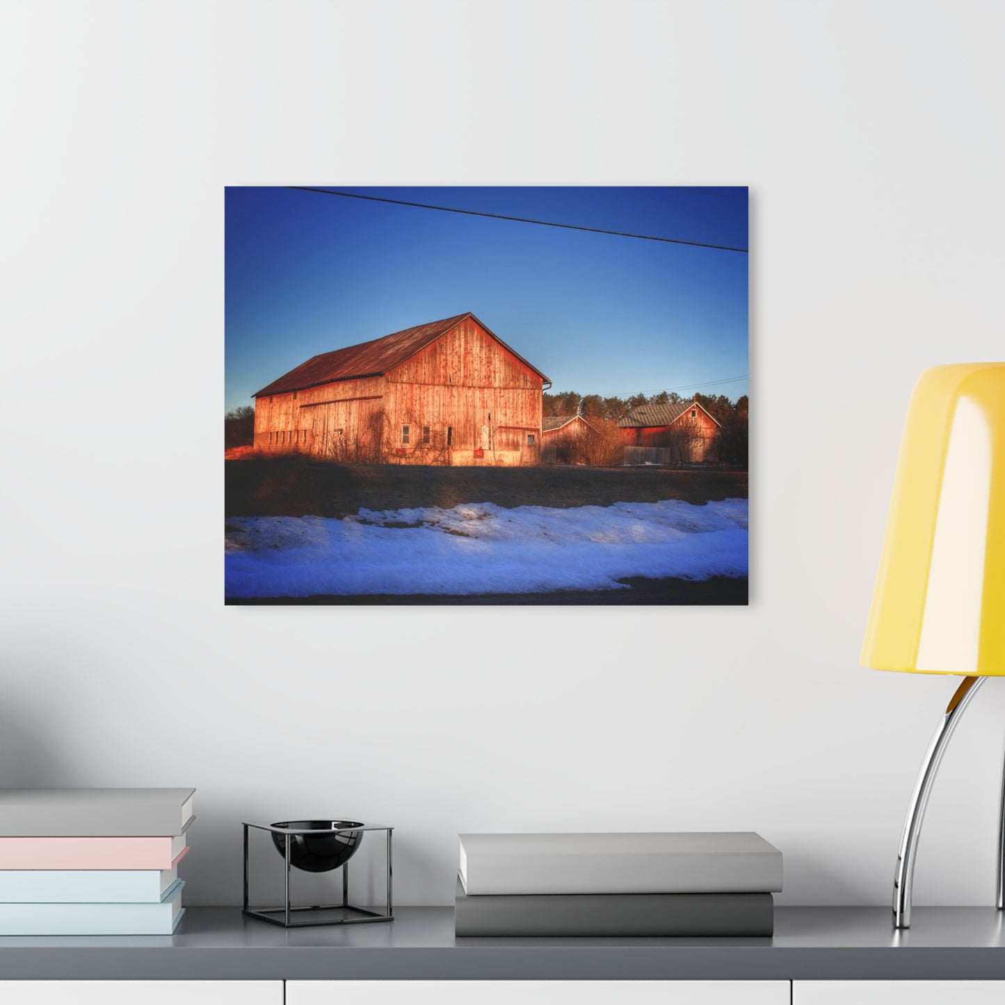 U R There Photography M-15 Reds in Winter Rustic Farmhouse Acrylic Wall Print