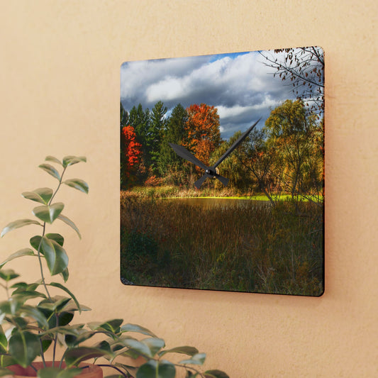 U R There Photography Fall Pond on Sutton Road Rustic Farmhouse Acrylic Analog Wall Clock