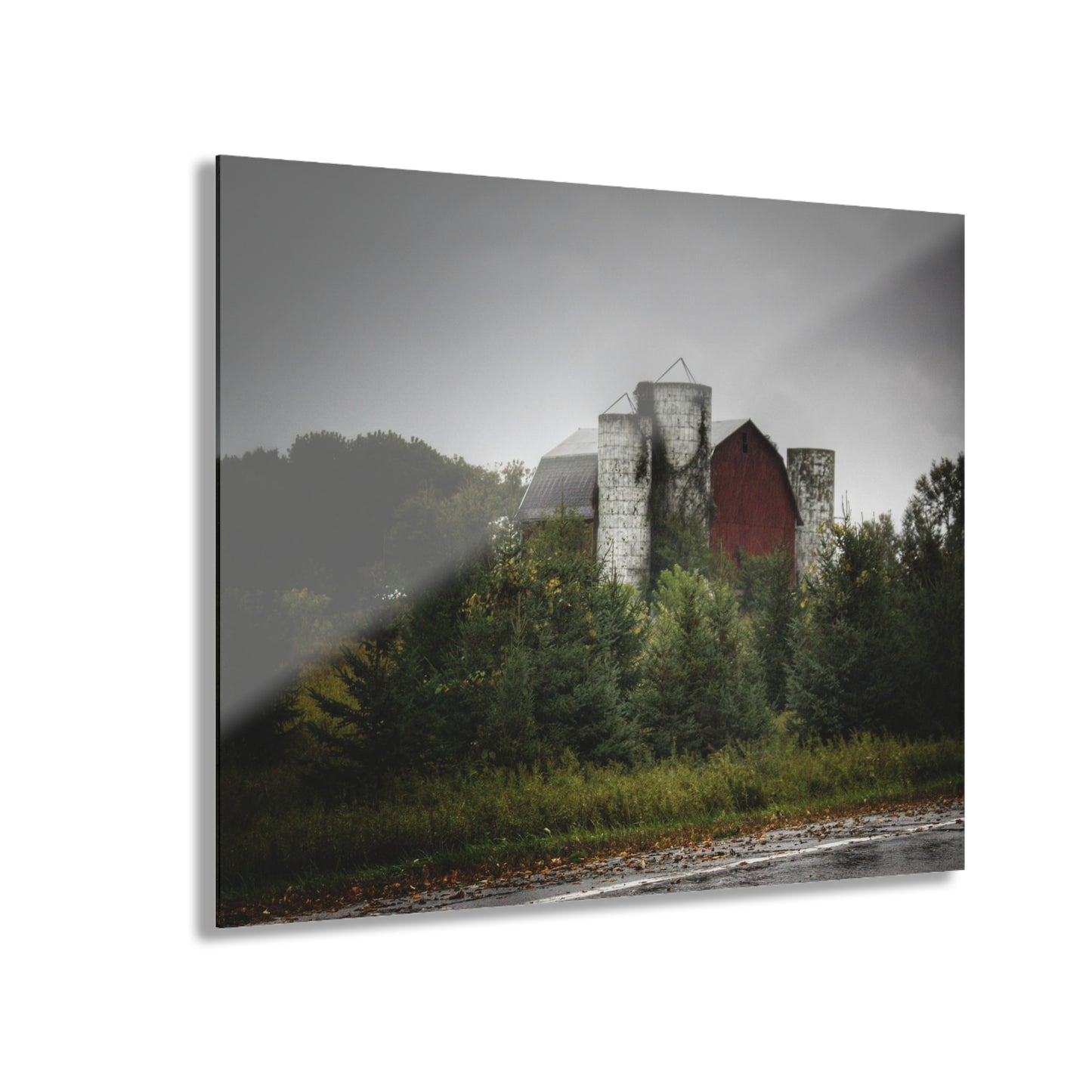 U R There Photography Castle Road Red and Silos in the Rain Rustic Farmhouse Acrylic Wall Print