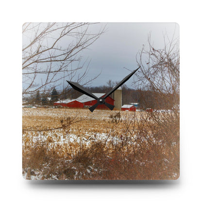 U R There Photography Brook Road Red in Winter Rustic Farmhouse Acrylic Analog Wall Clock