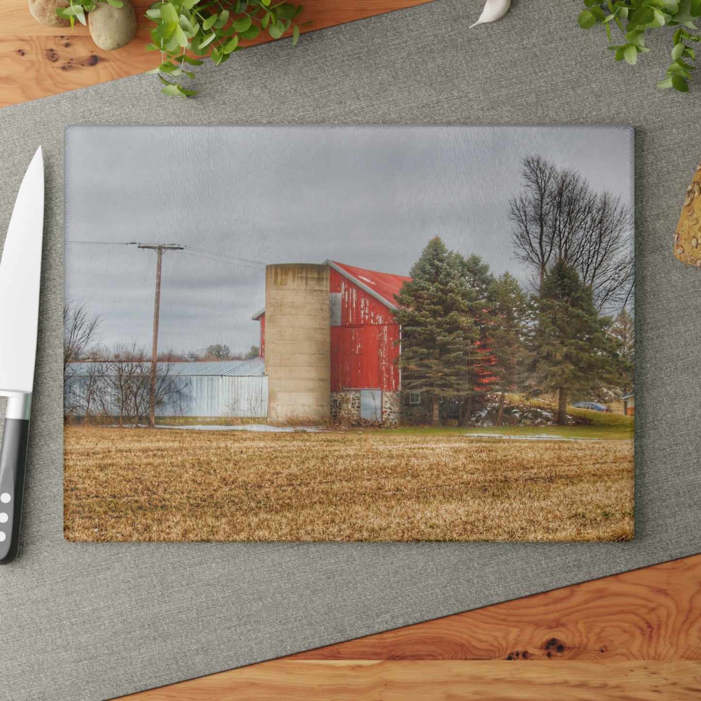 U R There Photography Laur Road Red Among the Pines I Rustic Farmhouse Tempered-Glass Cutting Board