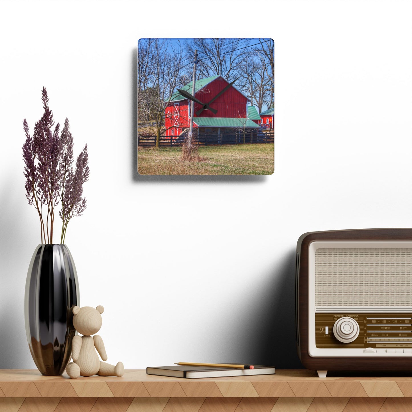 U R There Photography Imlay City Road Cow Barn II Rustic Farmhouse Acrylic Analog Wall Clock