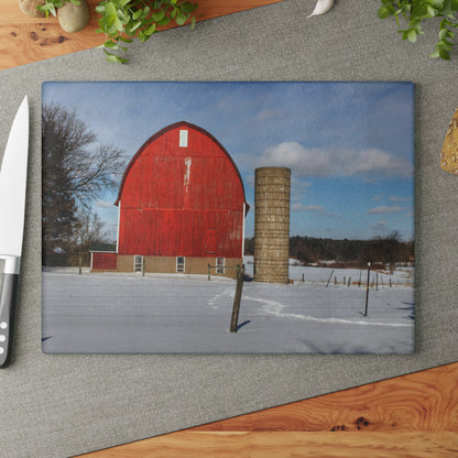 U R There Photography Barnes Road Winter Red Rustic Farmhouse Tempered-Glass Cutting Board