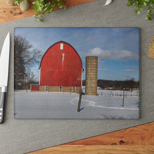 U R There Photography Barnes Road Winter Red Rustic Farmhouse Tempered-Glass Cutting Board