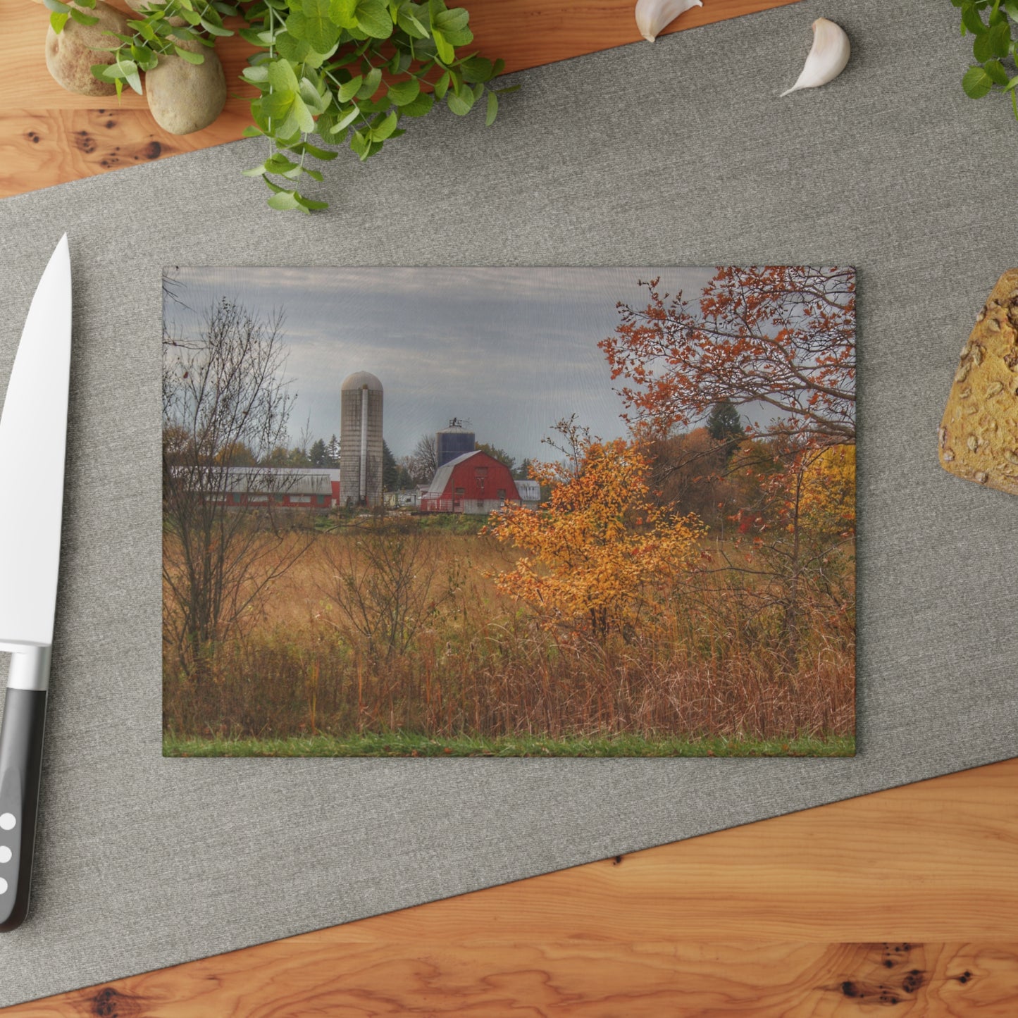 U R There Photography Vienna Road Red and Silo Rustic Farmhouse Tempered-Glass Cutting Board