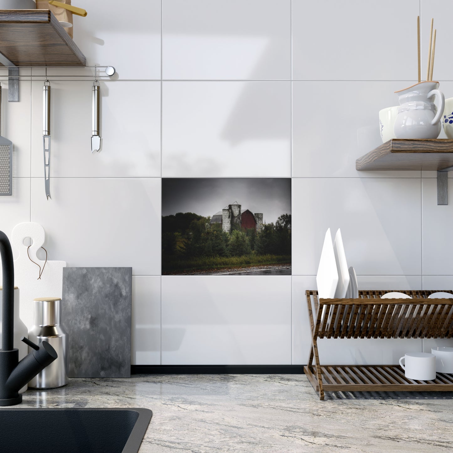 U R There Photography Castle Road Red and Silos in the Rain Rustic Farmhouse Decorative Ceramic Tile