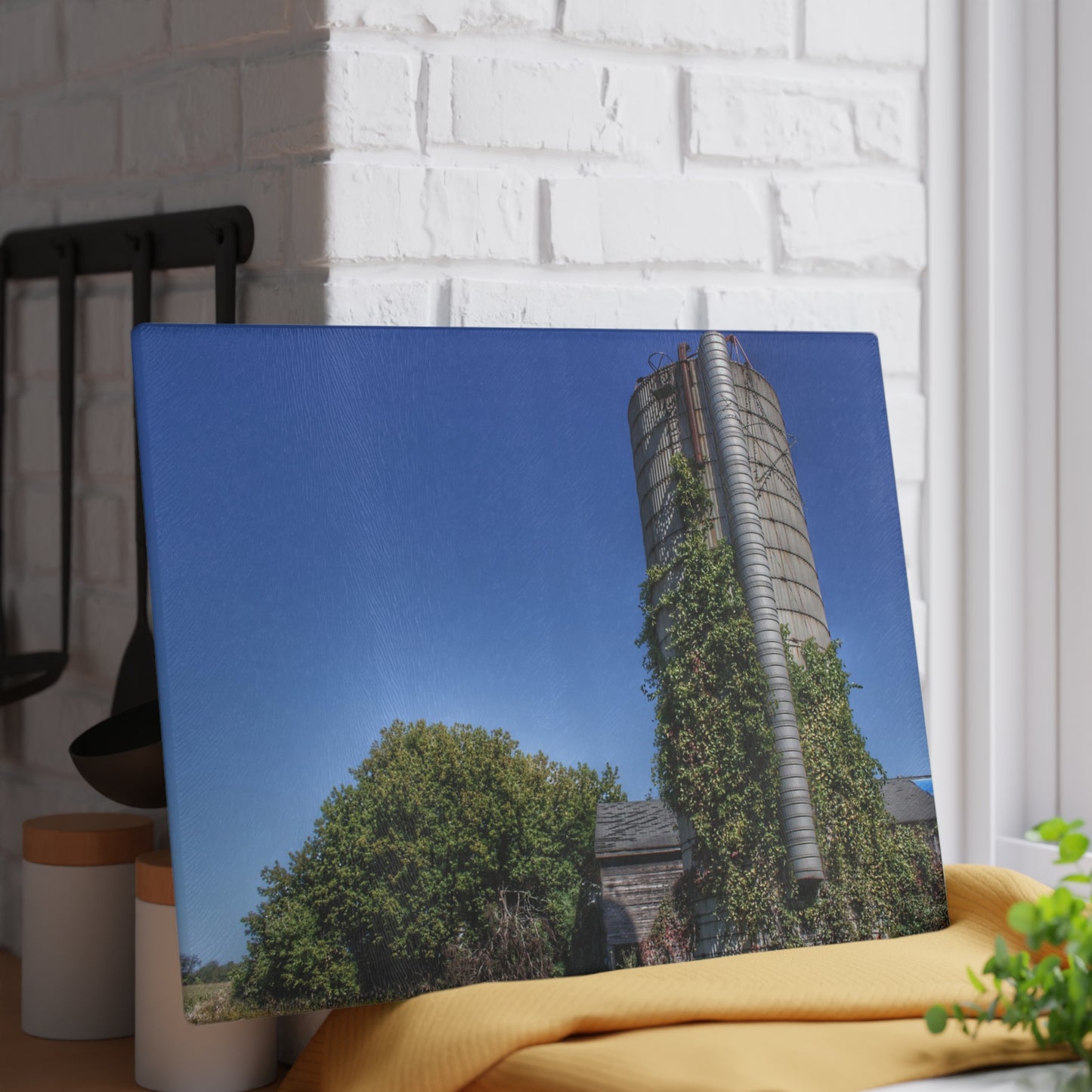 U R There Photography Bordman Road Old Grey and Silo I Rustic Farmhouse Tempered-Glass Cutting Board