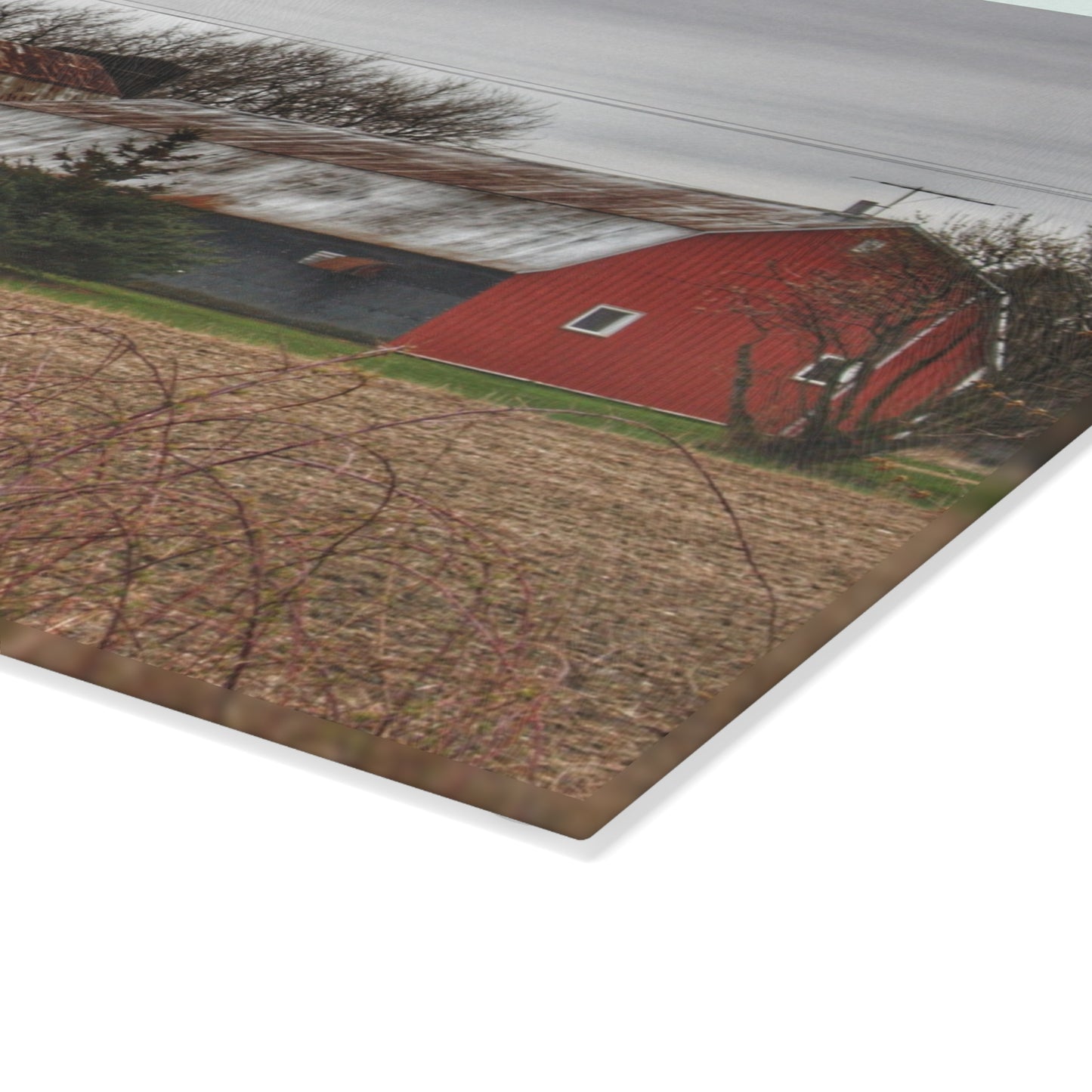 U R There Photography South Summers Road Rusted Grey and Little Red Rustic Farmhouse Tempered-Glass Cutting Board