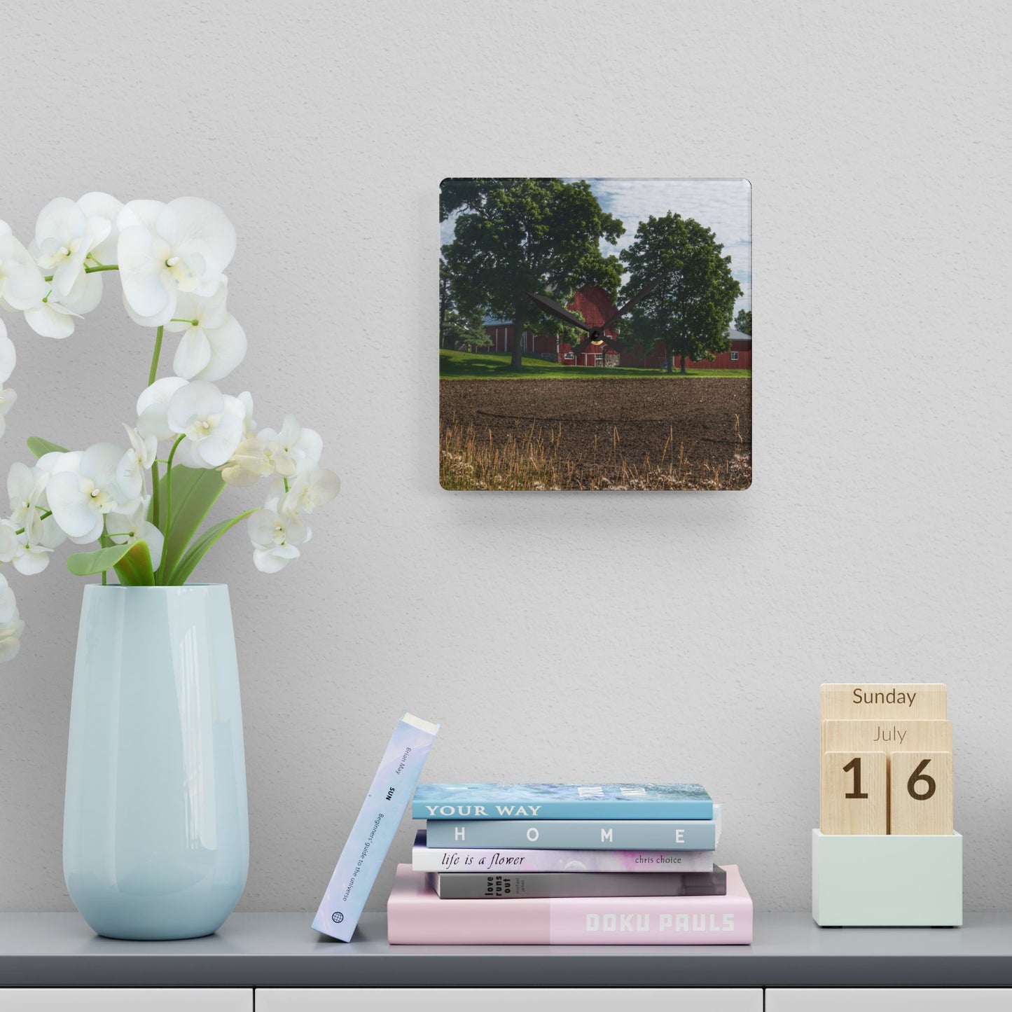 U R There Photography Catlin Road Red II Rustic Farmhouse Acrylic Analog Wall Clock