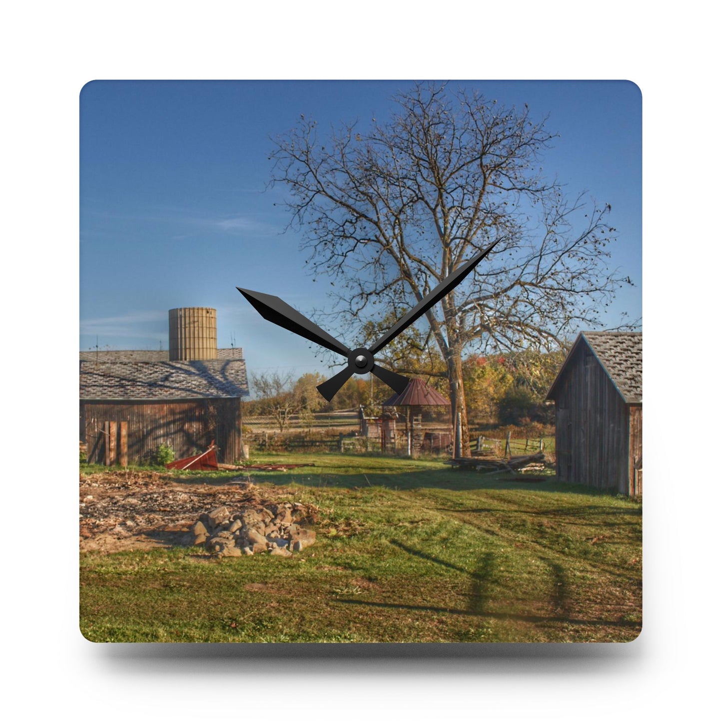 U R There Photography Bowers Road Greys I Rustic Farmhouse Acrylic Analog Wall Clock