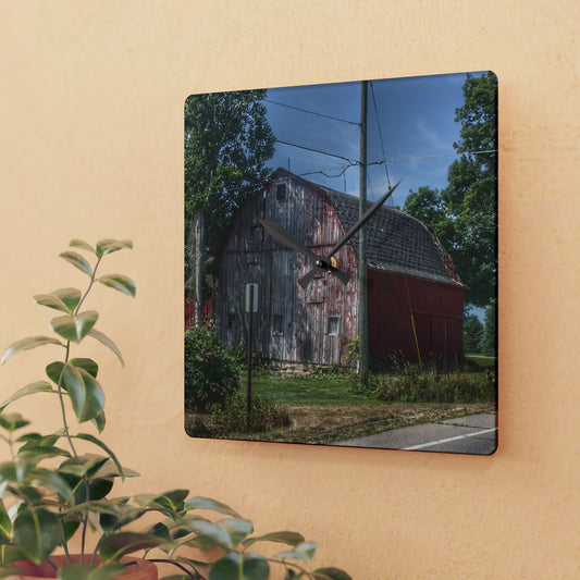 U R There Photography Roods Lake Road Red II Rustic Farmhouse Acrylic Analog Wall Clock