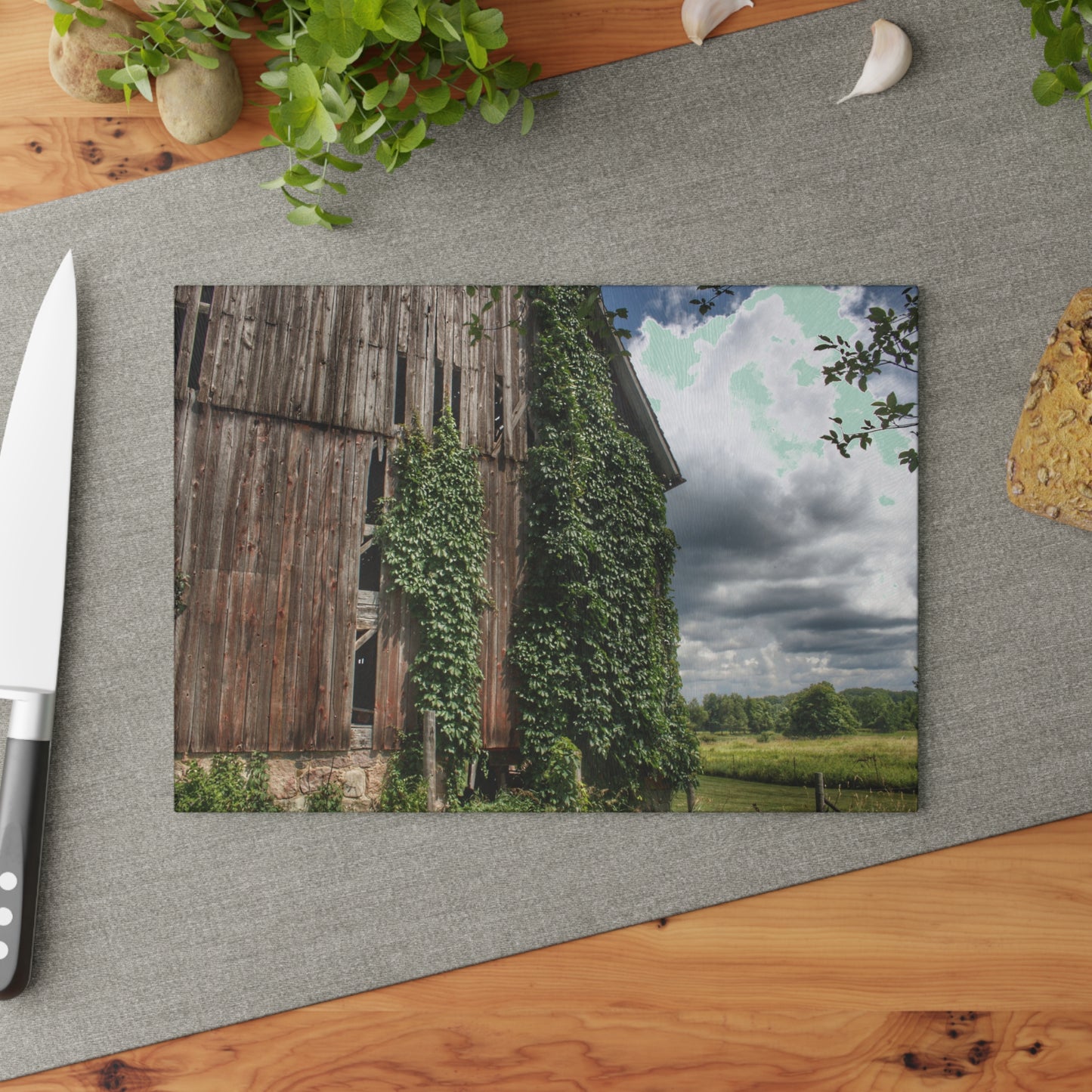 U R There Photography North Branch Ivy Grey II Rustic Farmhouse Tempered-Glass Cutting Board
