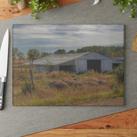 U R There Photography Hurd Corners Road Grey Shack Rustic Farmhouse Tempered-Glass Cutting Board