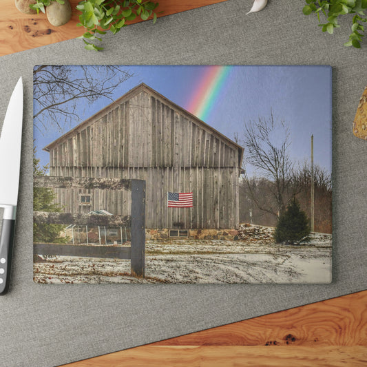 U R There Photography Barn Blessings on Sutton Road Rustic Farmhouse Tempered-Glass Cutting Board 8"x 11"