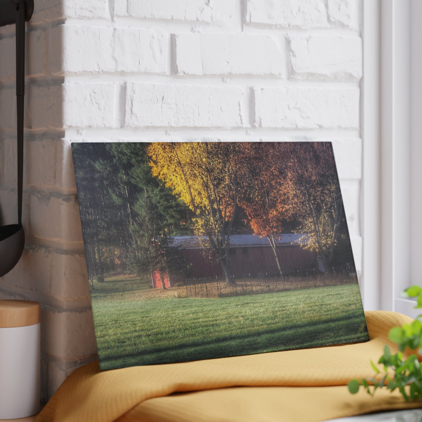 Barn Boutique Rustic Tempered-Glass Cutting Board| Red Barn on Foggy Fall Morning