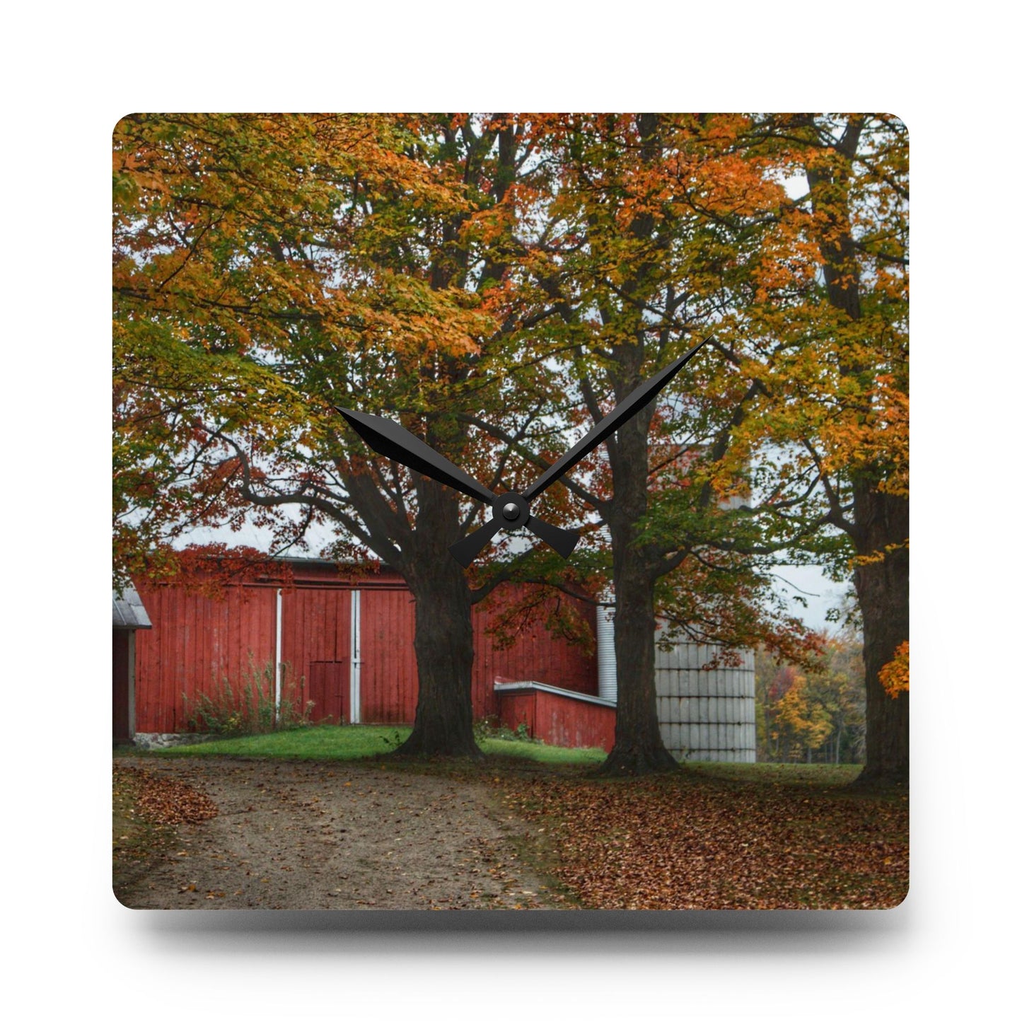 U R There Photography Brown Road Red in the Fall Rustic Farmhouse Acrylic Analog Wall Clock
