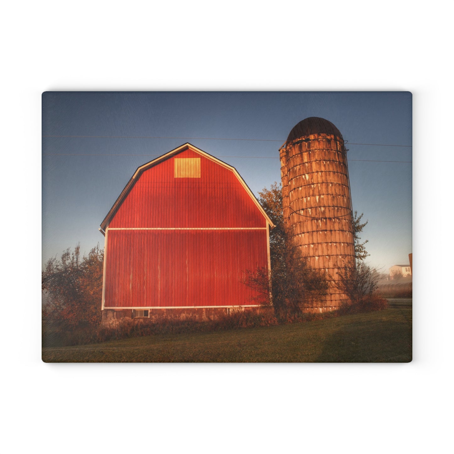 U R There Photography Klam Road Red Meets Foggy Sunrise I Rustic Farmhouse Tempered-Glass Cutting Board
