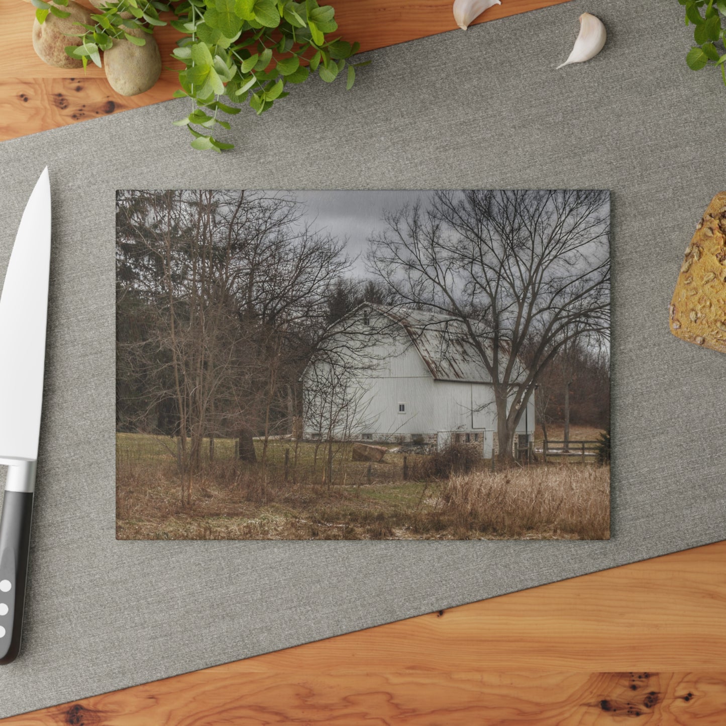 U R There Photography Oakwood Road White II Rustic Farmhouse Tempered-Glass Cutting Board