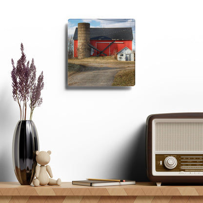 U R There Photography Mayville Road Red and Silo Rustic Farmhouse Acrylic Analog Wall Clock