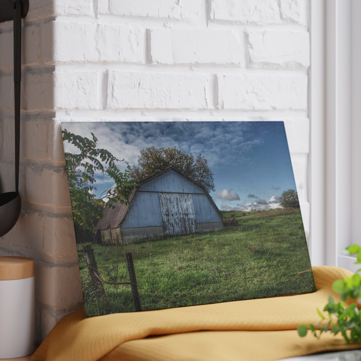 U R There Photography East Frances Quonset and Cows Rustic Farmhouse Tempered-Glass Cutting Board