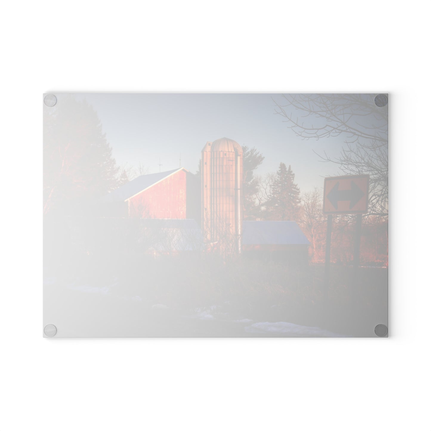 U R There Photography Mount Morris Road Reds and Silo in Winter Rustic Farmhouse Tempered-Glass Cutting Board