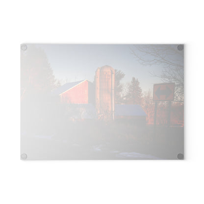 U R There Photography Mount Morris Road Reds and Silo in Winter Rustic Farmhouse Tempered-Glass Cutting Board