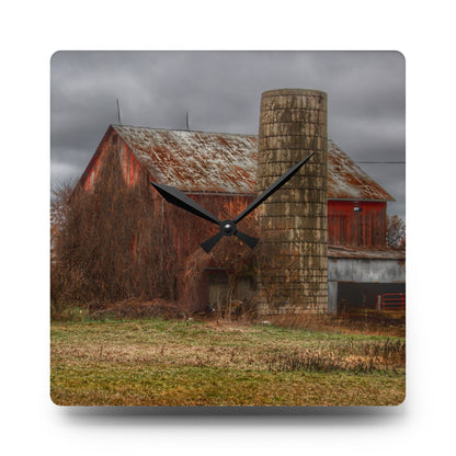 U R There Photography Slattery Road Old Red and Silo II Rustic Farmhouse Acrylic Analog Wall Clock