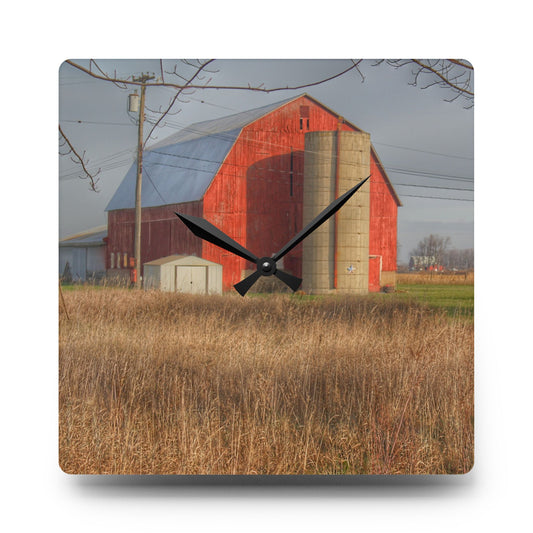 Harrington Road Red and Silo Rustic Farmhouse Acrylic Analog Wall Clock 10.75'' × 10.75'' (Square)