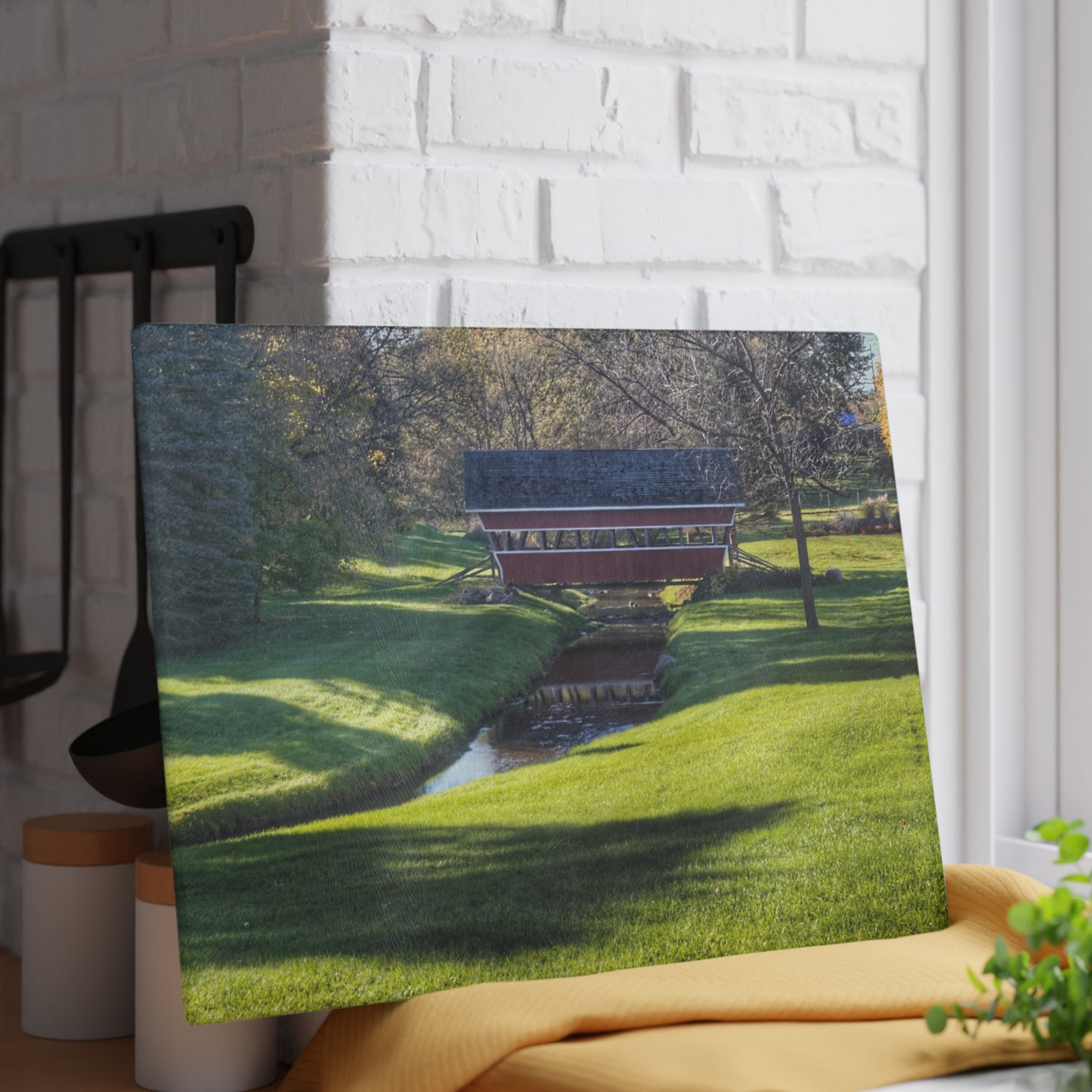 U R There Photography Hadley Covered Bridge I Rustic Farmhouse Tempered-Glass Cutting Board