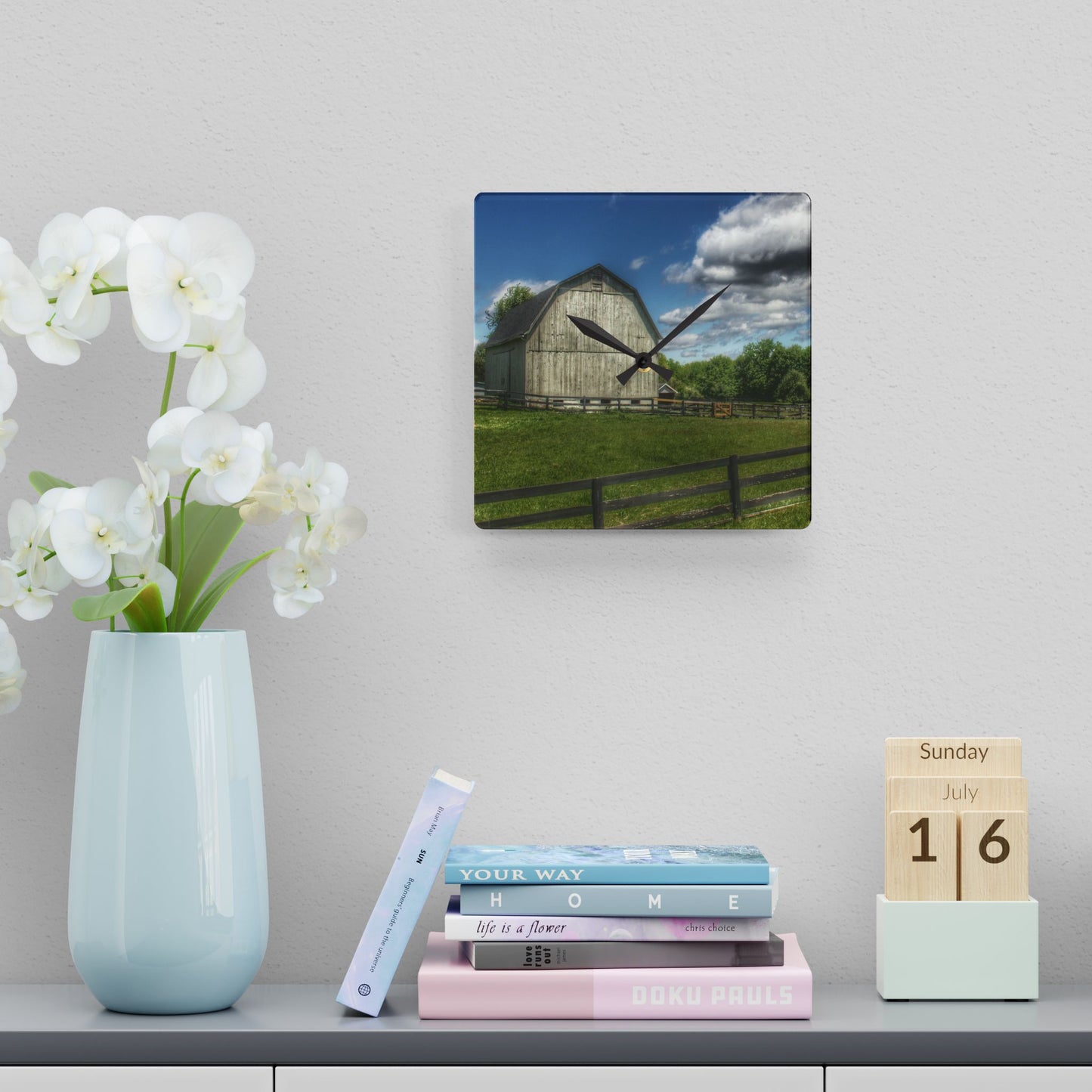 U R There Photography White Barn on a Sunny Day Rustic Farmhouse Acrylic Analog Wall Clock