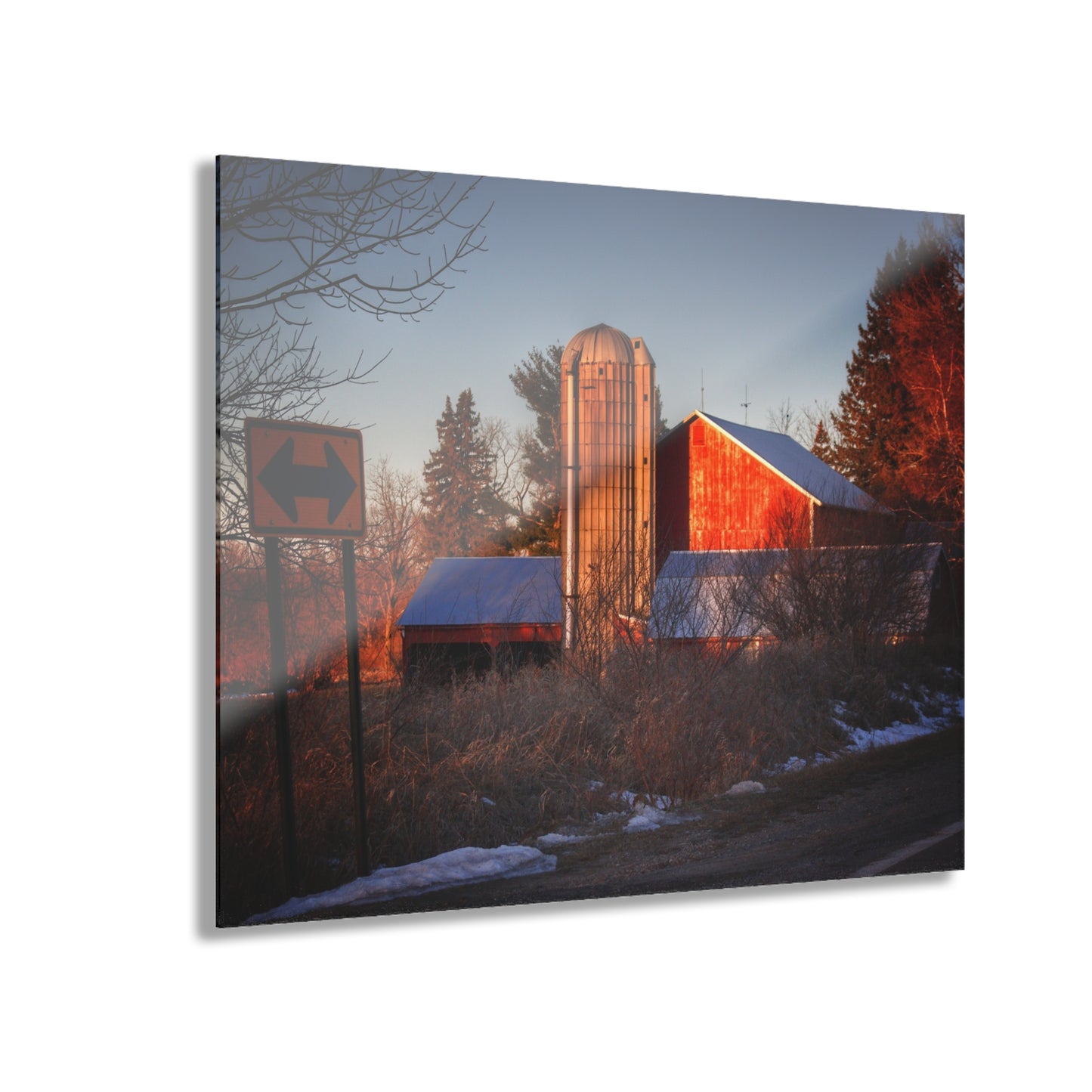 U R There Photography Mount Morris Road Reds and Silo in Winter Rustic Farmhouse Acrylic Wall Print