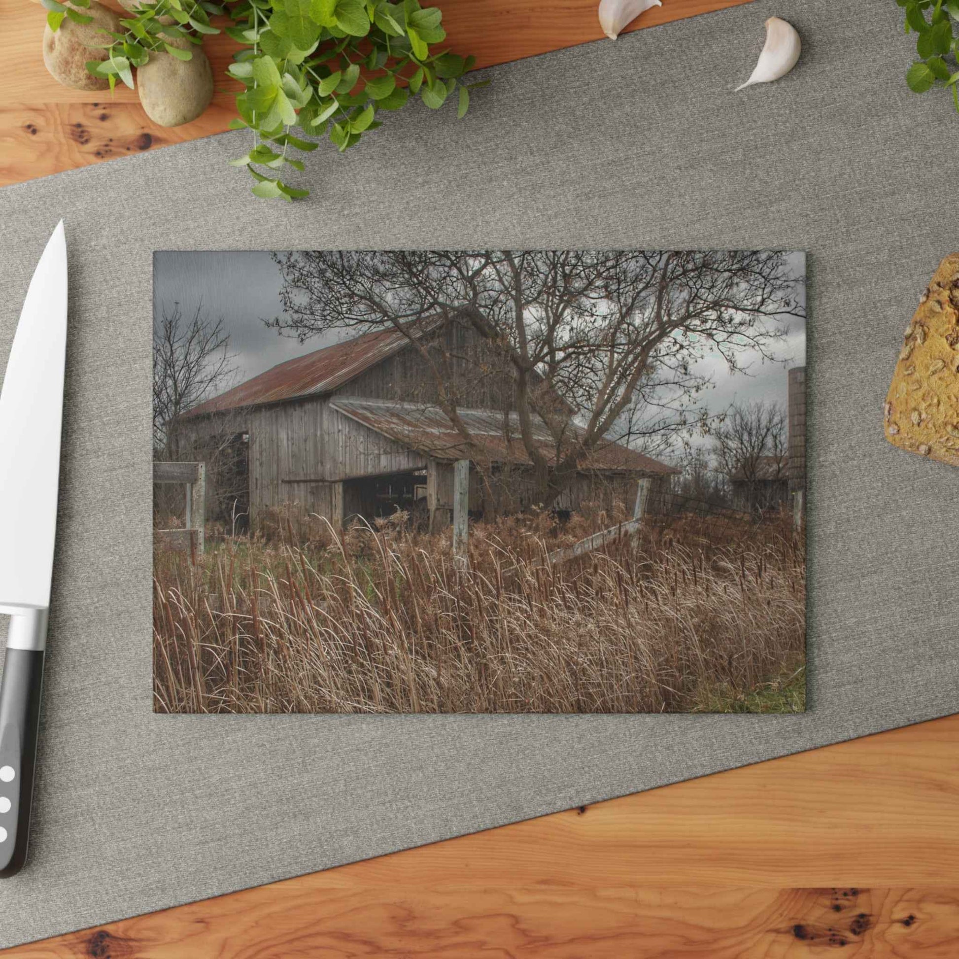 U R There Photography Grey Saltbox Rustic Farmhouse Tempered-Glass Cutting Board