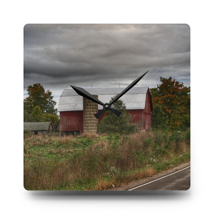 U R There Photography Columbiaville Red in Fall I Rustic Farmhouse Acrylic Analog Wall Clock