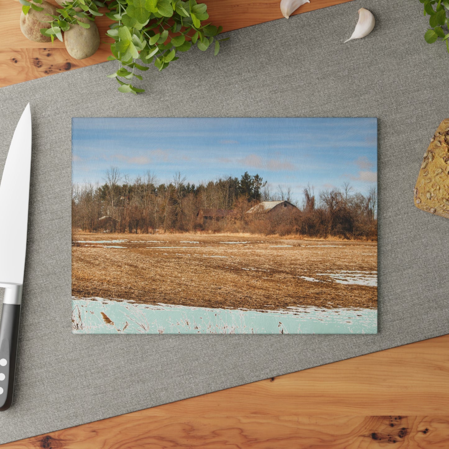U R There Photography North Hunt Road Farm II Rustic Farmhouse Tempered-Glass Cutting Board