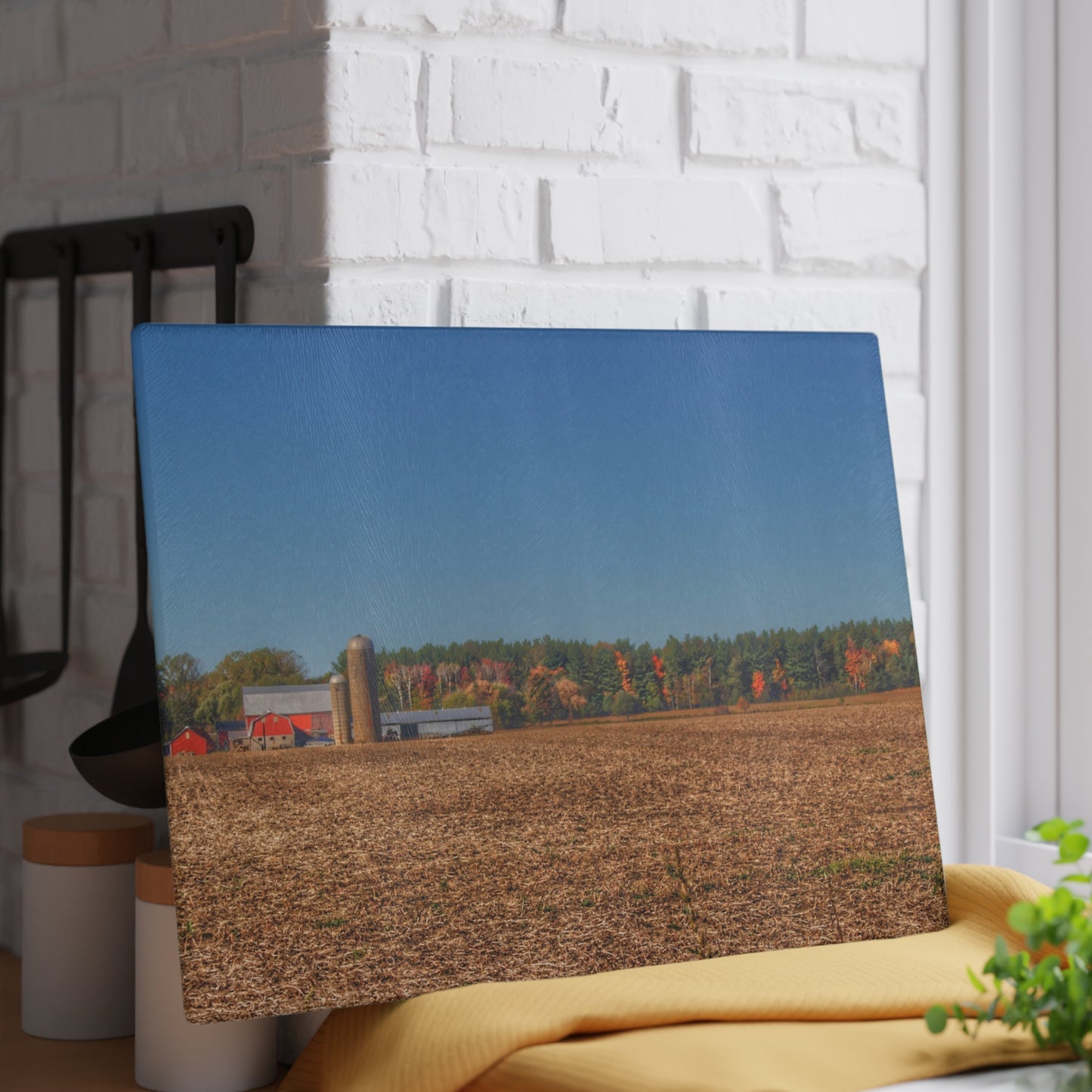 U R There Photography Rowe Road Farm Across the Field Rustic Farmhouse Tempered-Glass Cutting Board