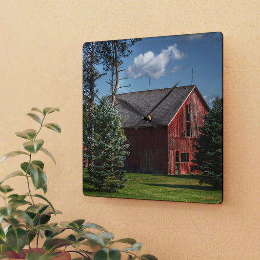 U R There Photography Havens Road Red Among the Pines Rustic Farmhouse Acrylic Analog Wall Clock