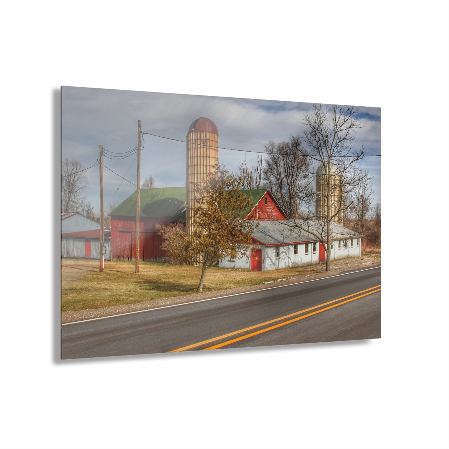 U R There Photography Newark Road Red and Silos III Rustic Farmhouse Acrylic Wall Print
