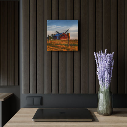 U R There Photography Lake Pleasant Road Little Red and Silo I Rustic Farmhouse Acrylic Analog Wall Clock