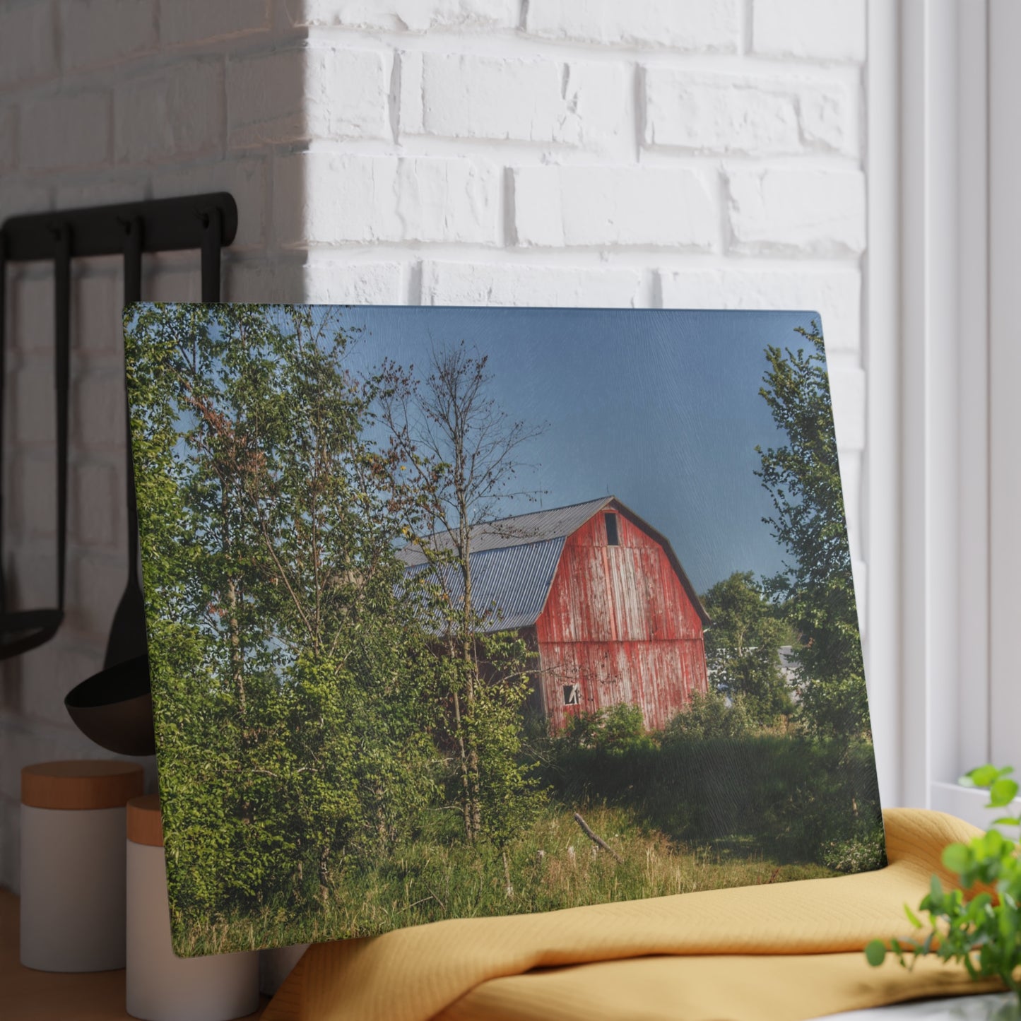 U R There Photography Columbiaville Red in Summer III Rustic Farmhouse Tempered-Glass Cutting Board