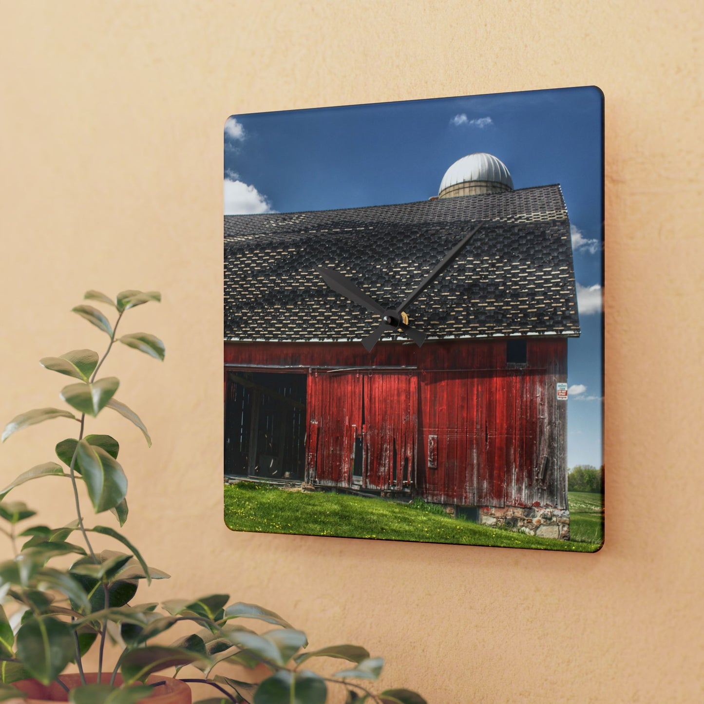 U R There Photography Hollenbeck Road Red III Rustic Farmhouse Acrylic Analog Wall Clock