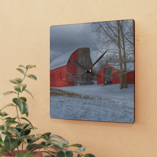 U R There Photography Catlin Reds in Winter II Rustic Farmhouse Acrylic Analog Wall Clock
