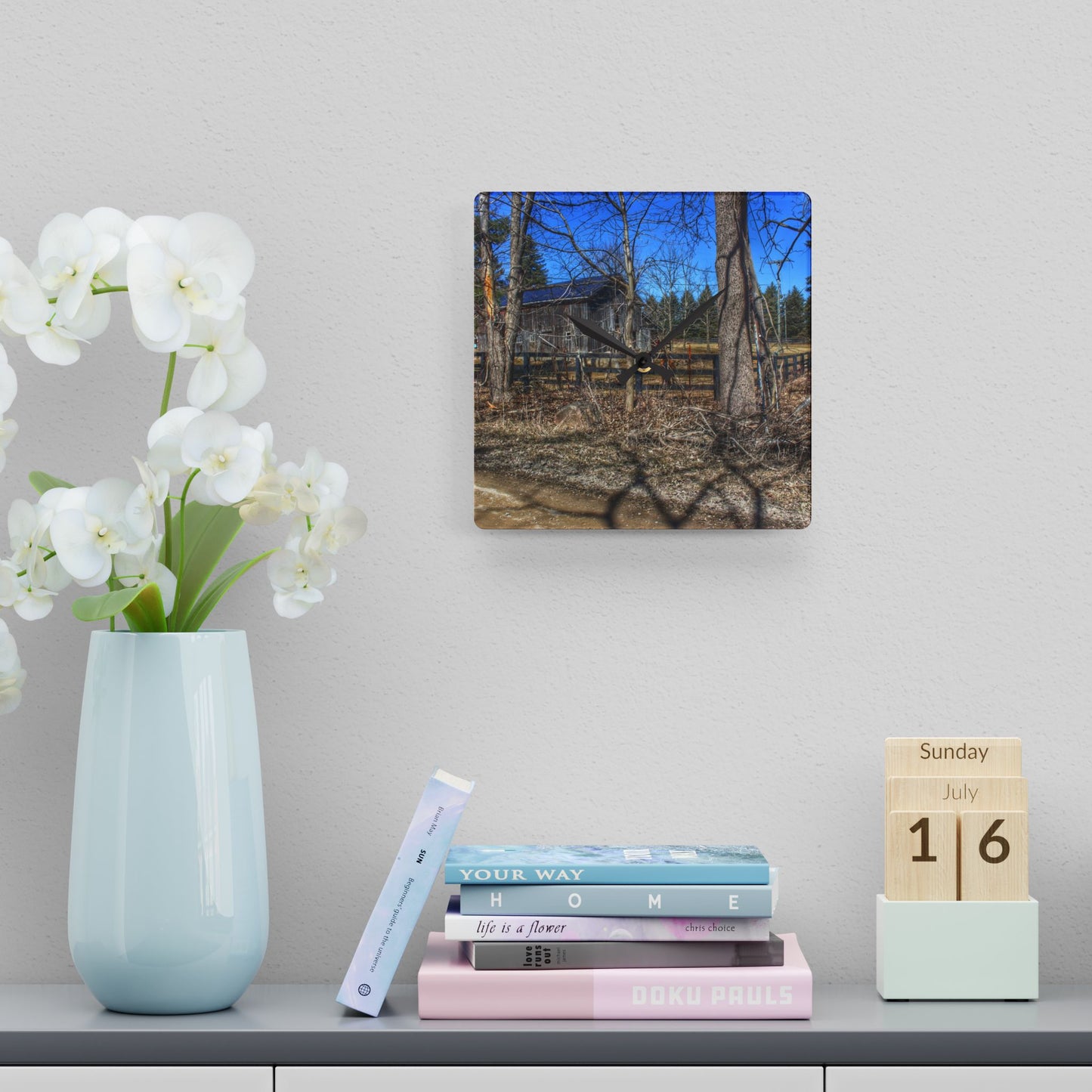 U R There Photography Brewer Road Grey Rustic Farmhouse Acrylic Analog Wall Clock