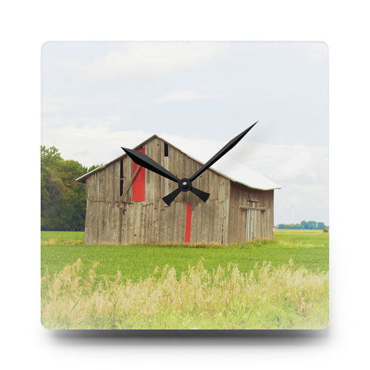 Square Barn with Barn in the Distance Rustic Farmhouse Acrylic Analog Wall Clock 10.75'' × 10.75'' (Square)