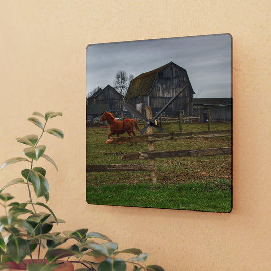 U R There Photography South Summers Road Old Grey and Caramel III Rustic Farmhouse Acrylic Analog Wall Clock