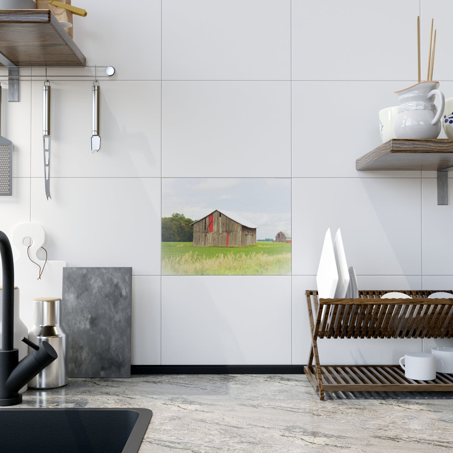 Barn Boutique Rustic Ceramic Wall Tile| Square Barn with Barn in the Distance