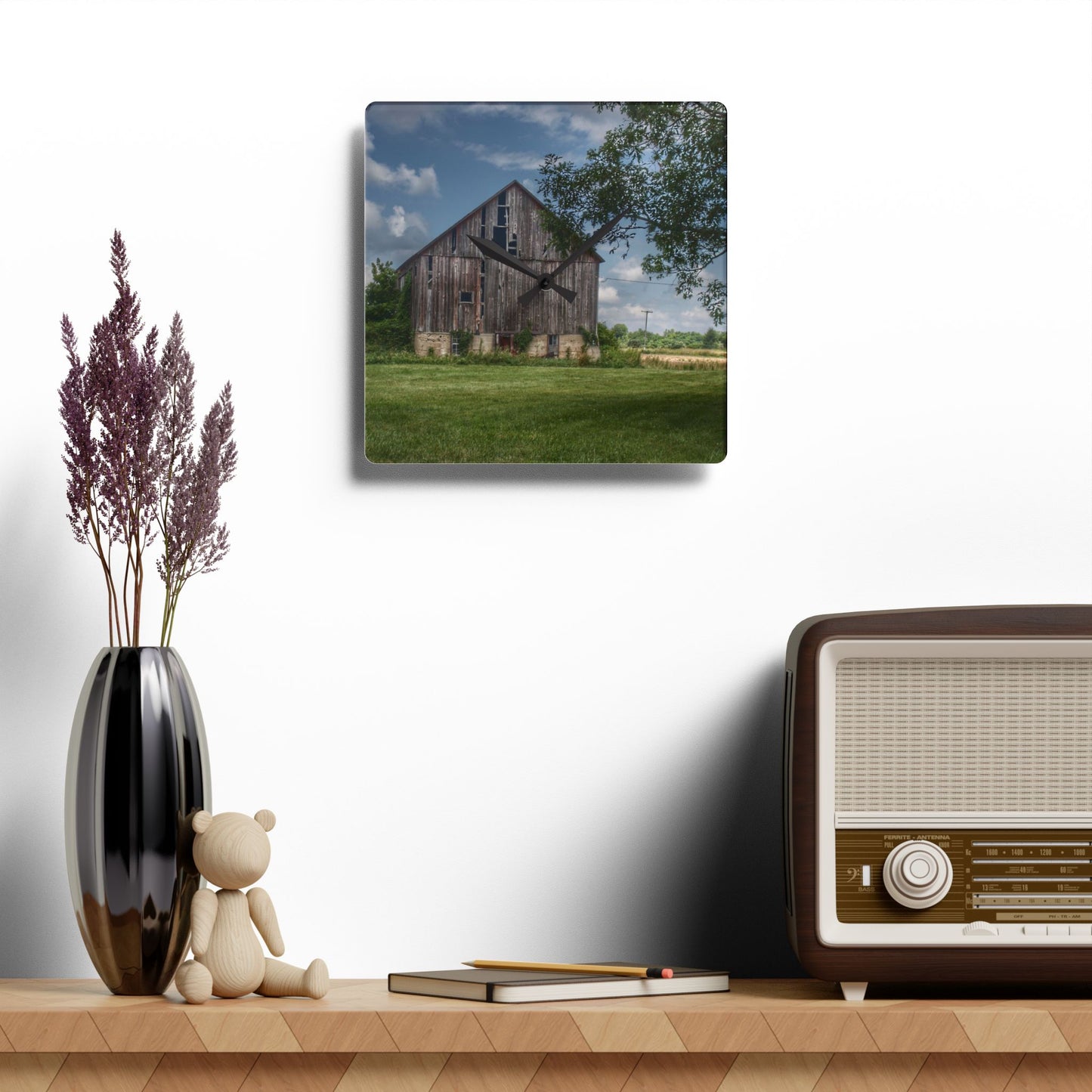 U R There Photography Bohms Road Grey I Rustic Farmhouse Acrylic Analog Wall Clock
