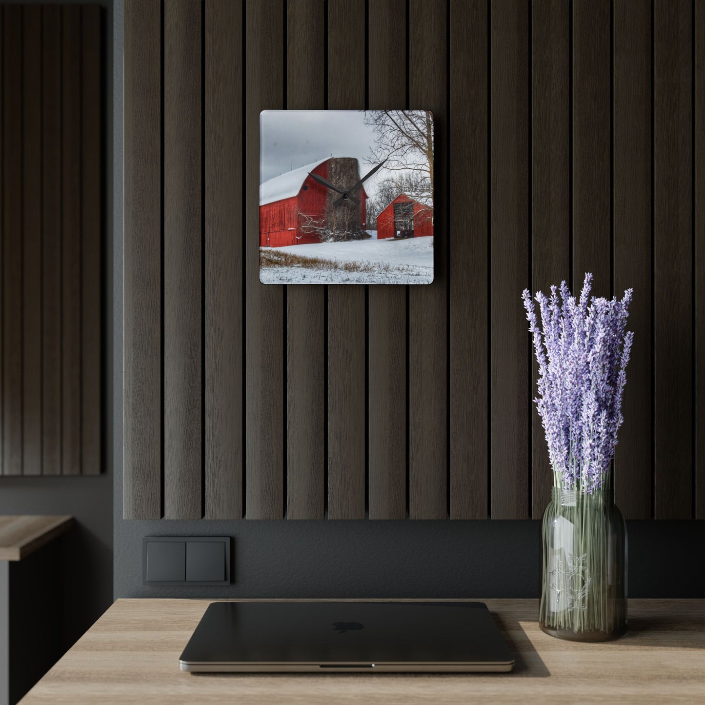 U R There Photography Catlin Reds in Winter I Rustic Farmhouse Acrylic Analog Wall Clock