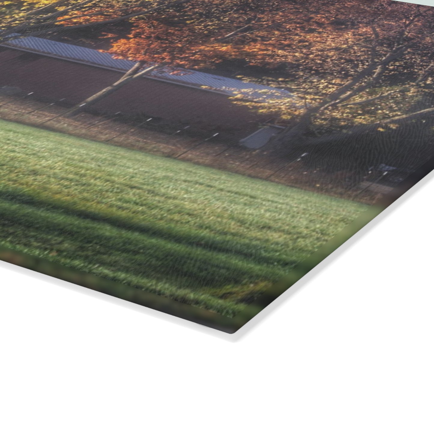 U R There Photography Red Barn on Foggy Fall Morning Rustic Farmhouse Tempered-Glass Cutting Board