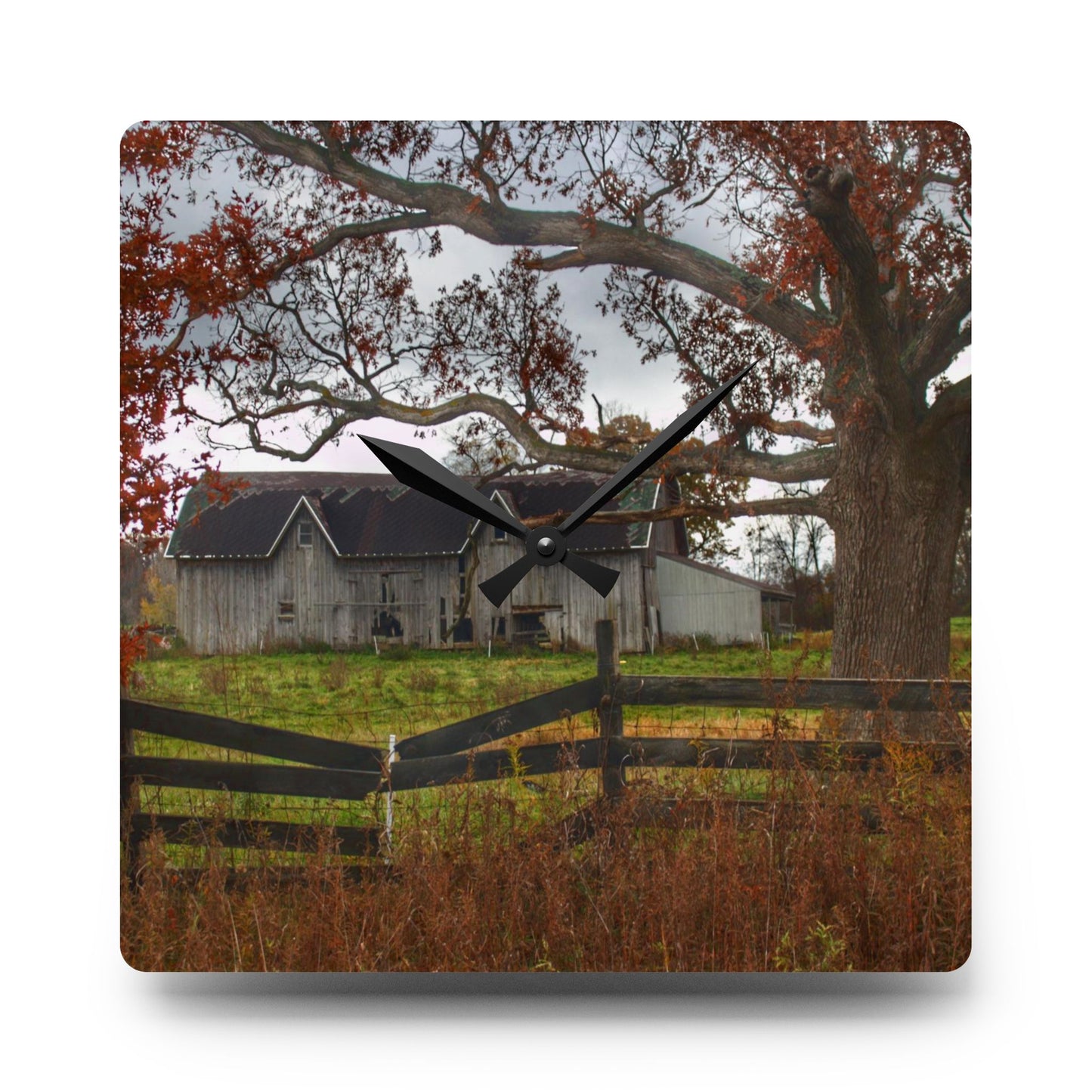 U R There Photography Green Road Grey Beyond the Oak Rustic Farmhouse Acrylic Analog Wall Clock