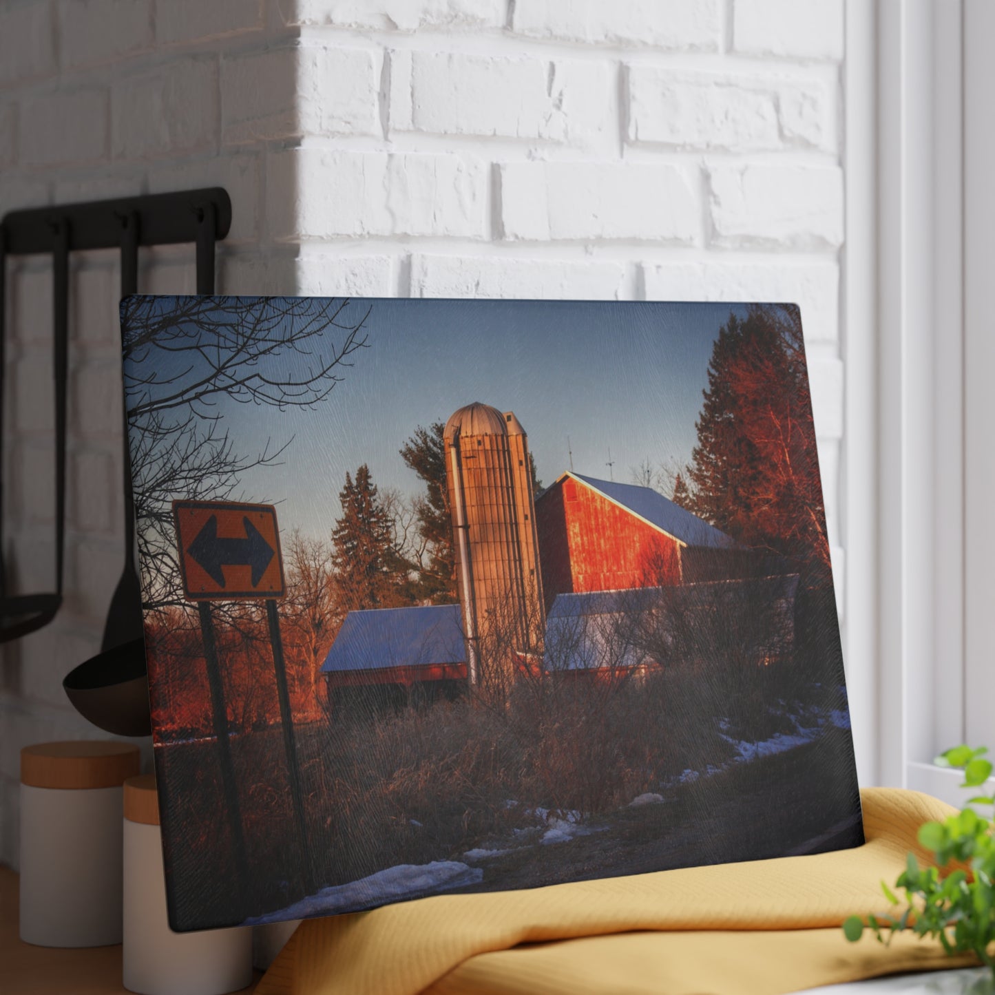 U R There Photography Mount Morris Road Reds and Silo in Winter Rustic Farmhouse Tempered-Glass Cutting Board